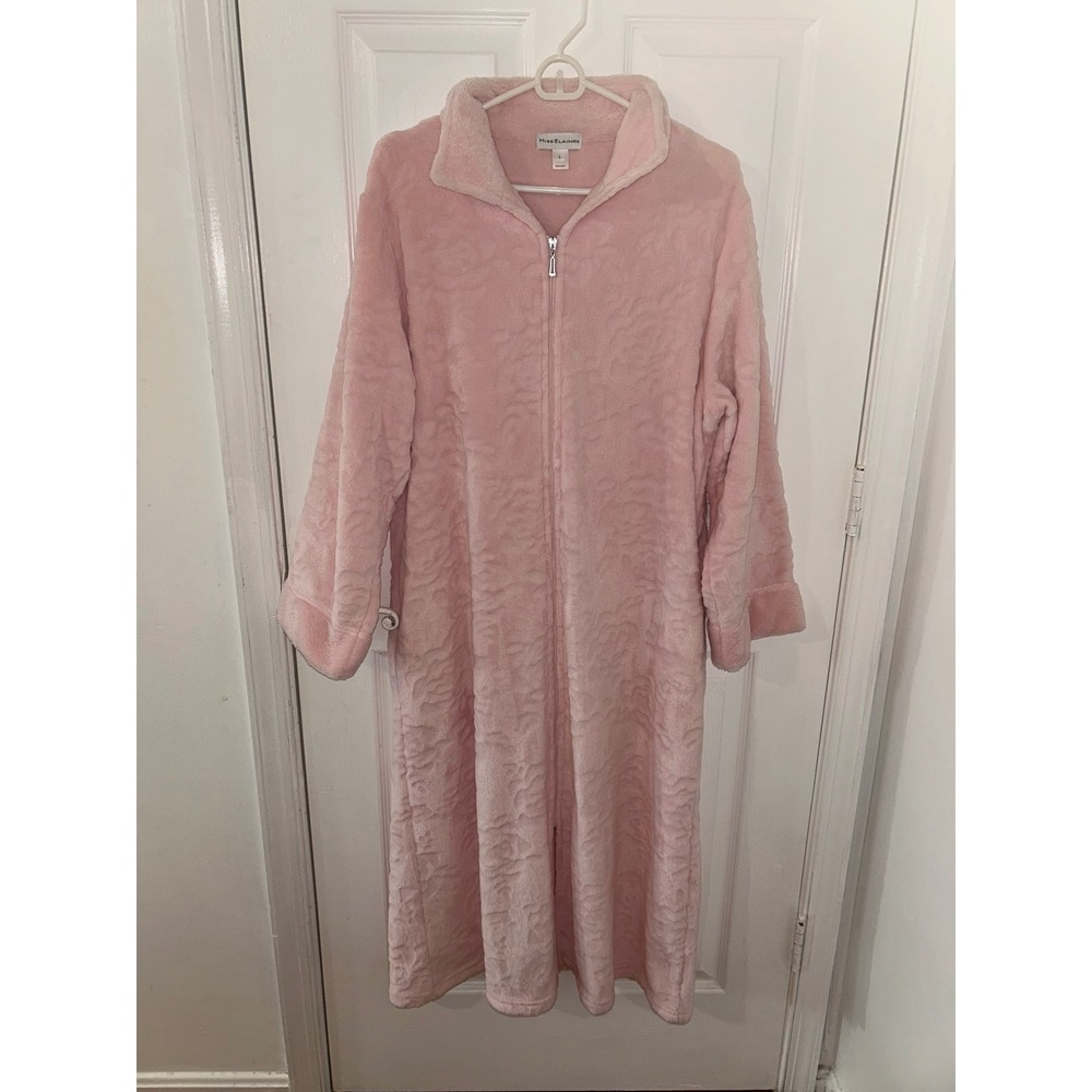 Miss Elaine Pink Plush Lrg Fleece Zip Front Long Robe Embossed Floral Rose VTG